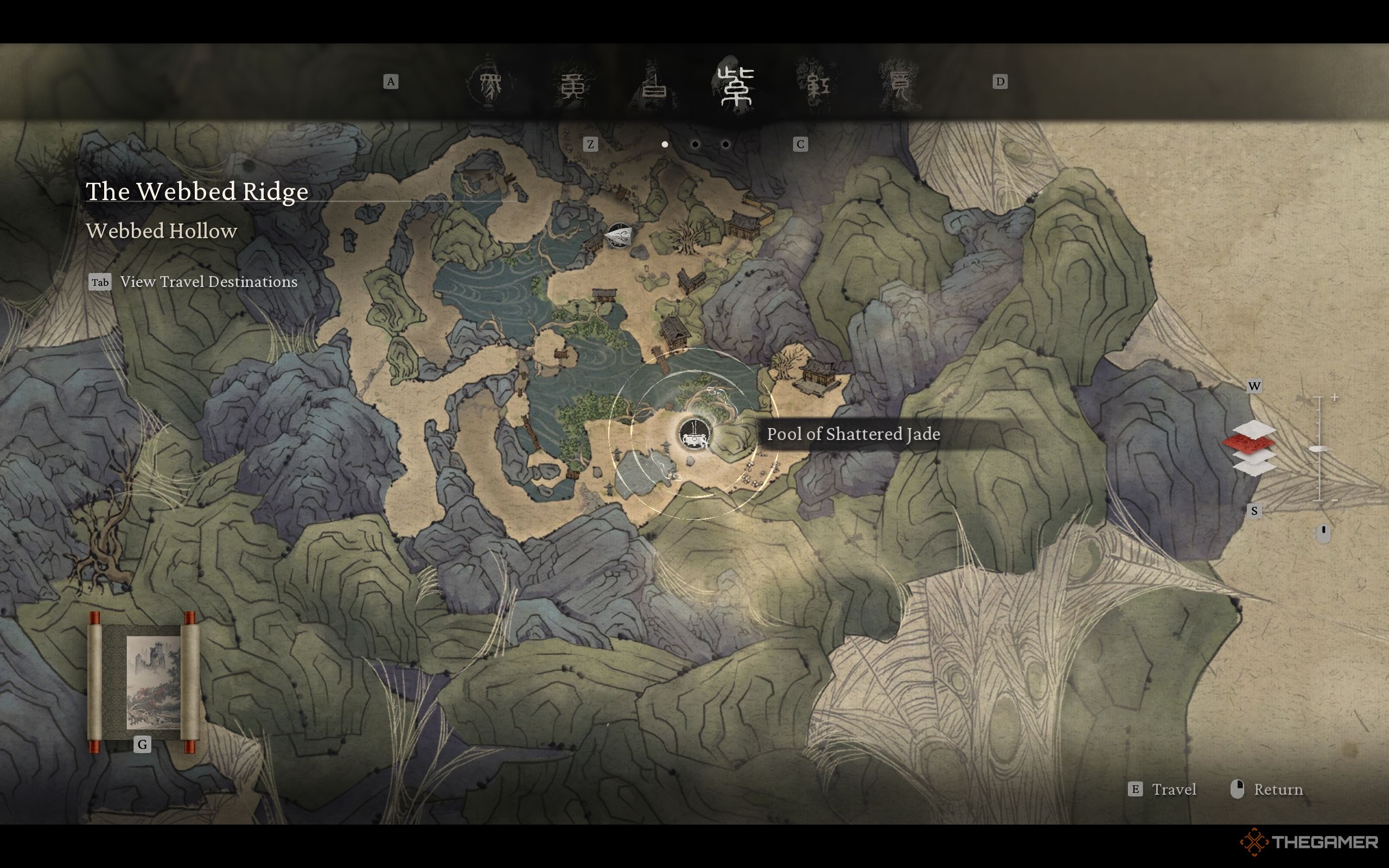 Pool of Shattered Jade shrine's location on the game's map. It's near the Upper Hollow shrine.