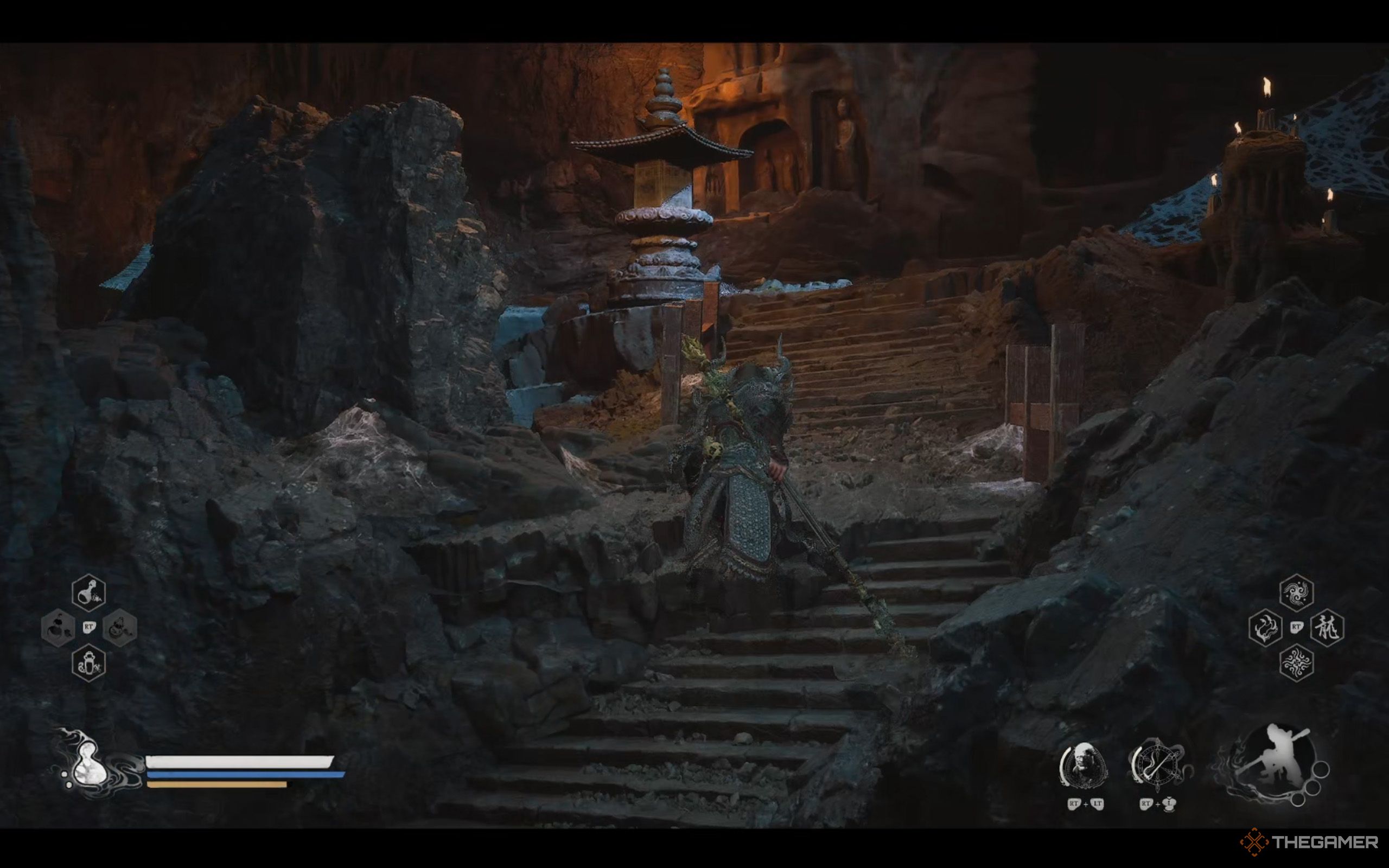 Wukong turns left from the Upper Hollow Shrine, running on the stairs to get to the Shattered Jade Shrine.