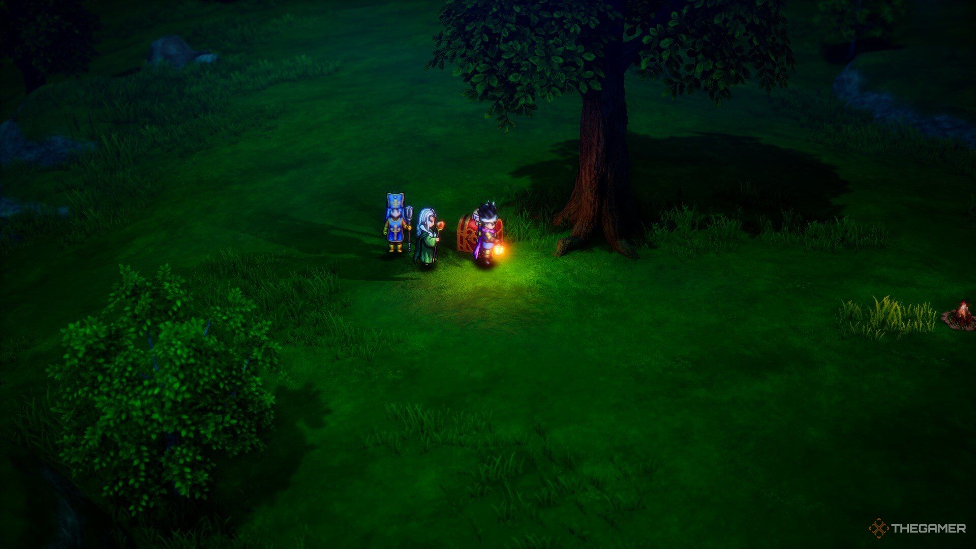 A screenshot of the party standing near a treasure chest in Dragon Quest 3 HD-2D Remake.