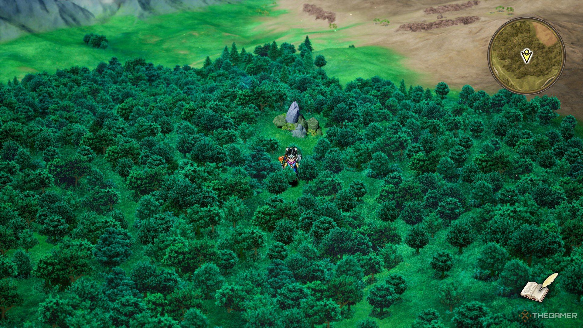 A screenshot of a rock monument in the middle of a forest in Dragon Quest 3 HD-2D Remake.