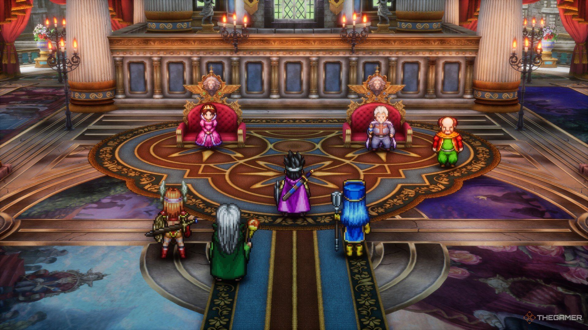 The main party facing the king, queen and vizier in Dragon Quest 3 HD-2D Remake.