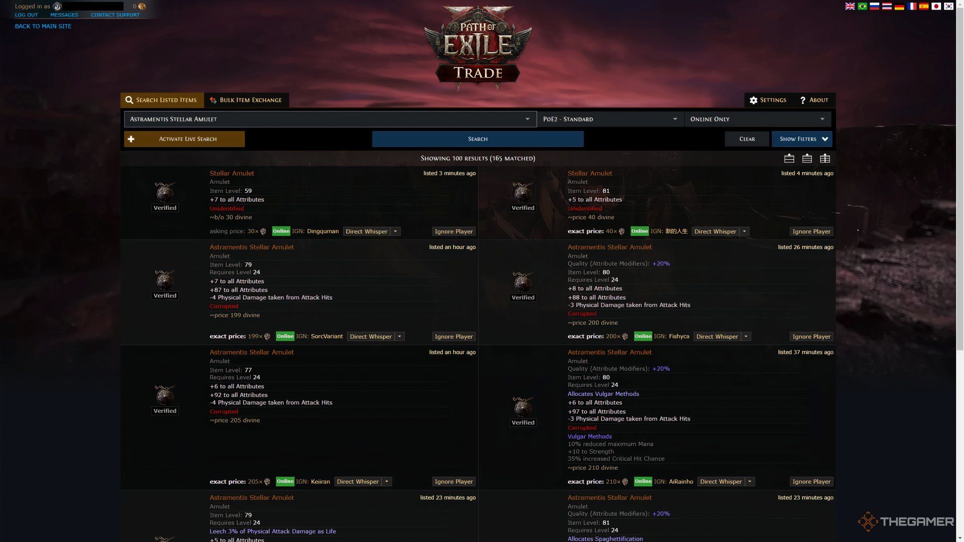 Player purchasing Astramentis using the official Trade Website to use in Path of Exile 2.