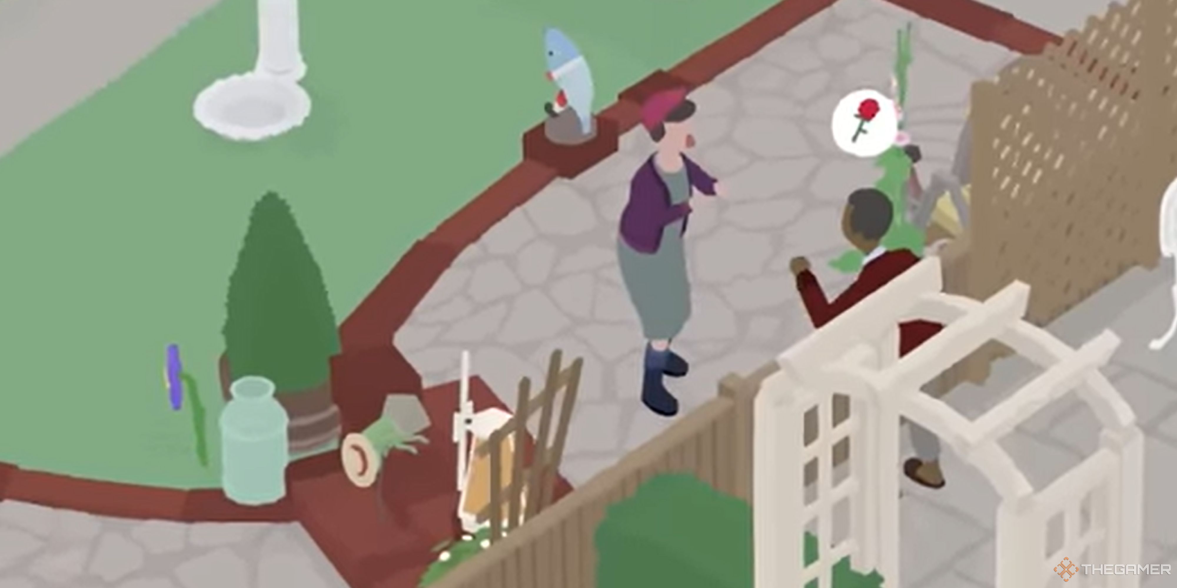 A man confronts his neighbor about a rose in Untitled Goose Game.