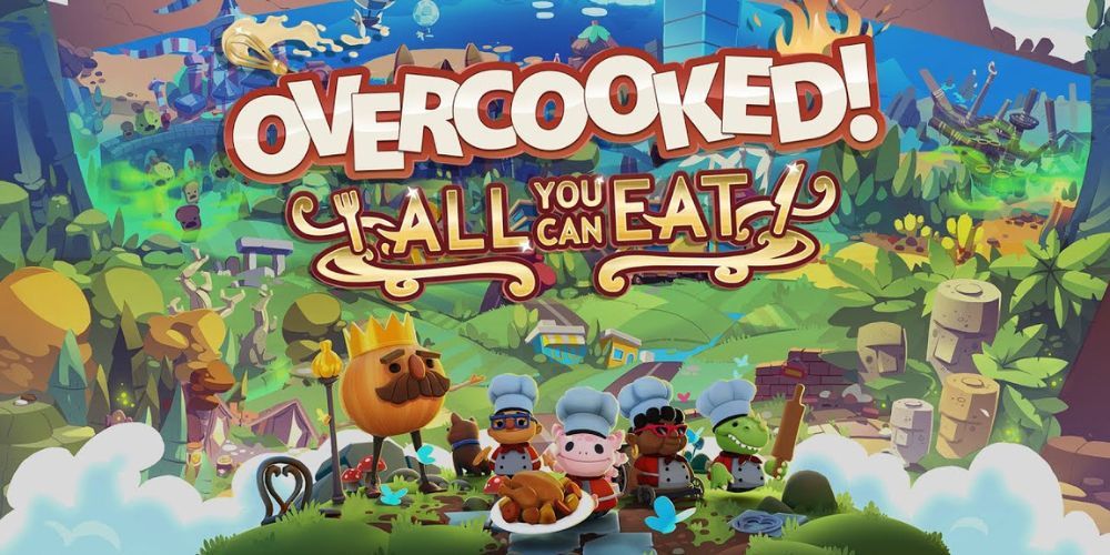 Overcooked All You Can Eat: most of the game's characters standing together.