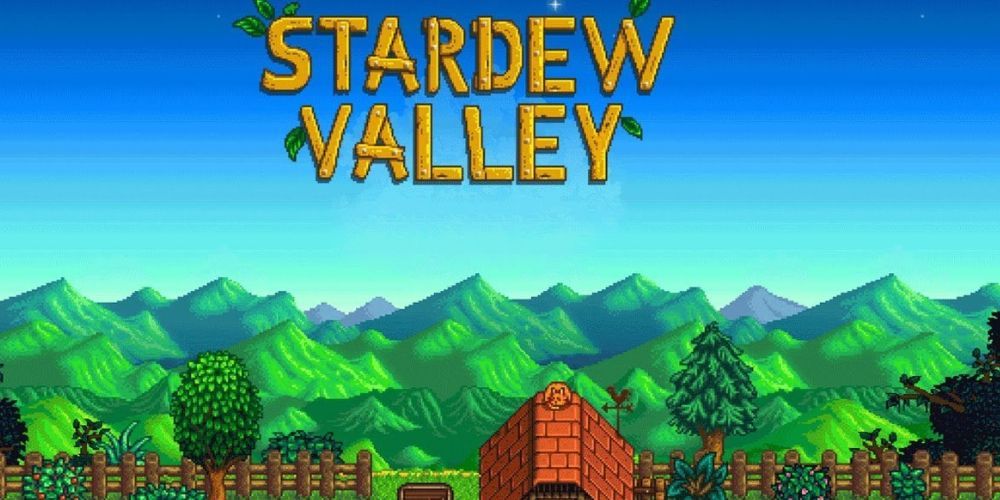 The game title 'Stardew Valley' over some mountains, trees and a roof.