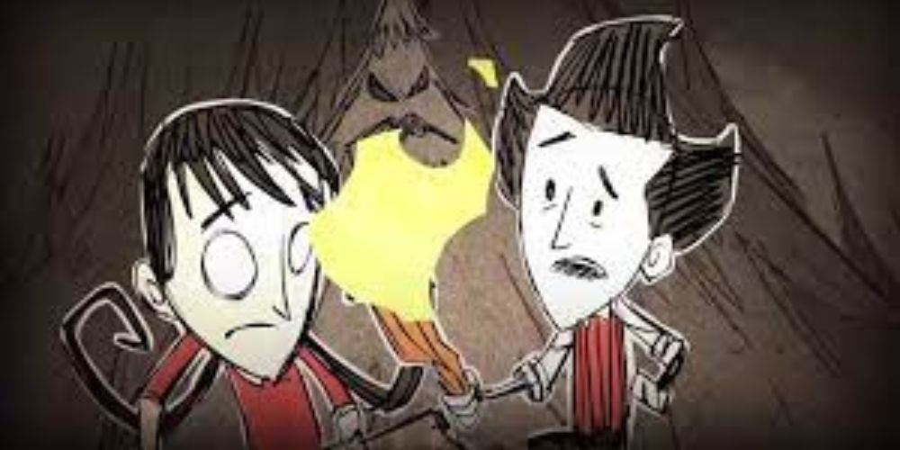 Willow and Wilson, holding a torch in the darkness in Don't Starve Together.