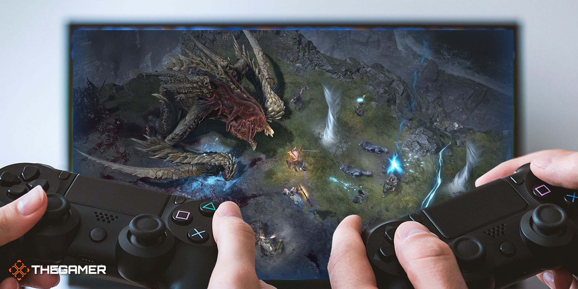 Two players holding a controller in front of a tv while playing Diablo 4