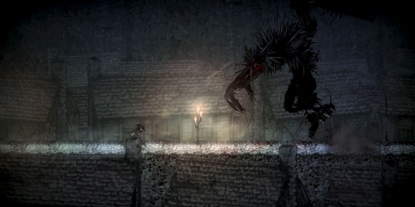 Protagonist facing a spikey boss