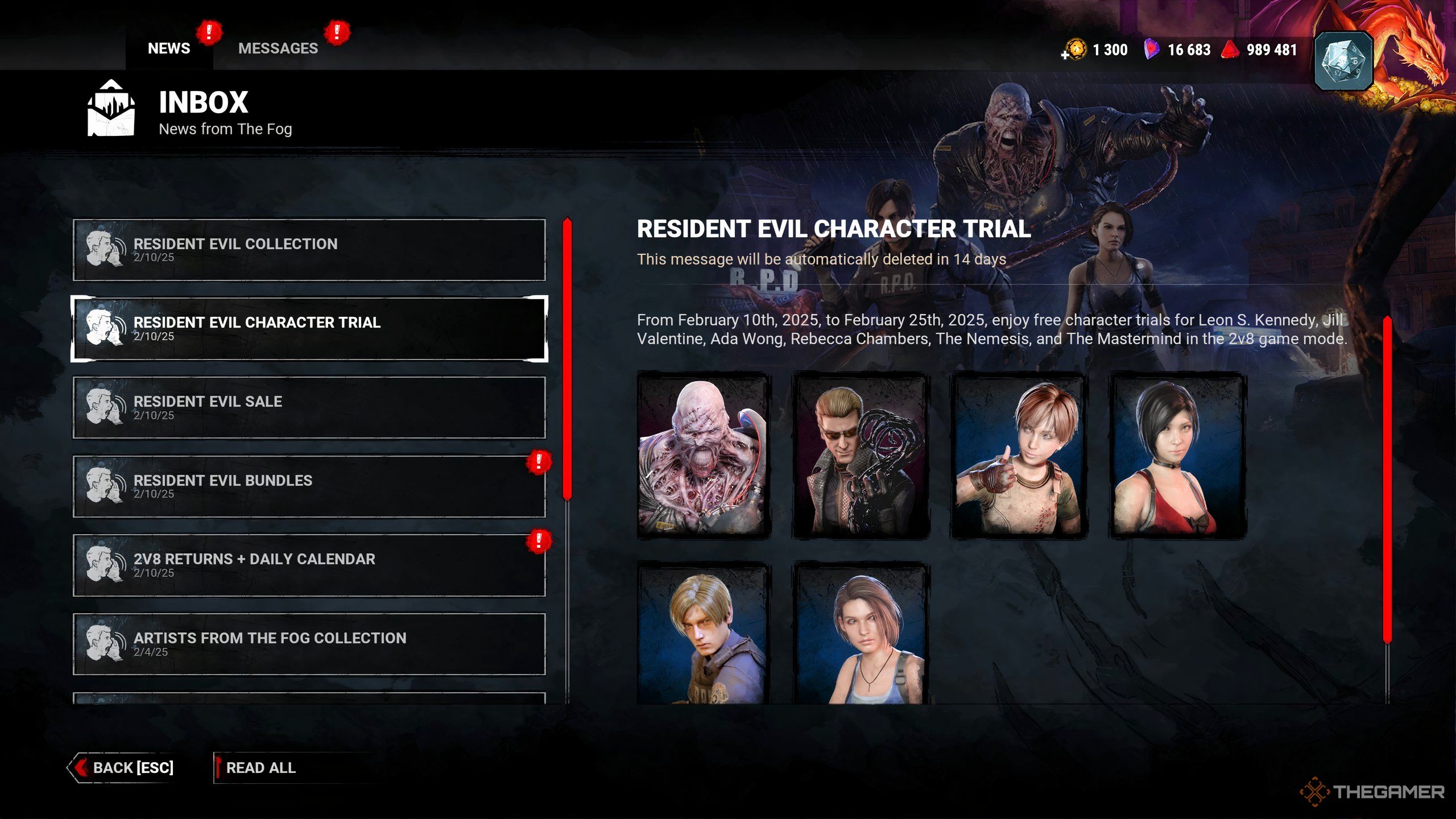 Dead By Daylight's in-game menu showing the Resident Evil 2v8 Character Trials.