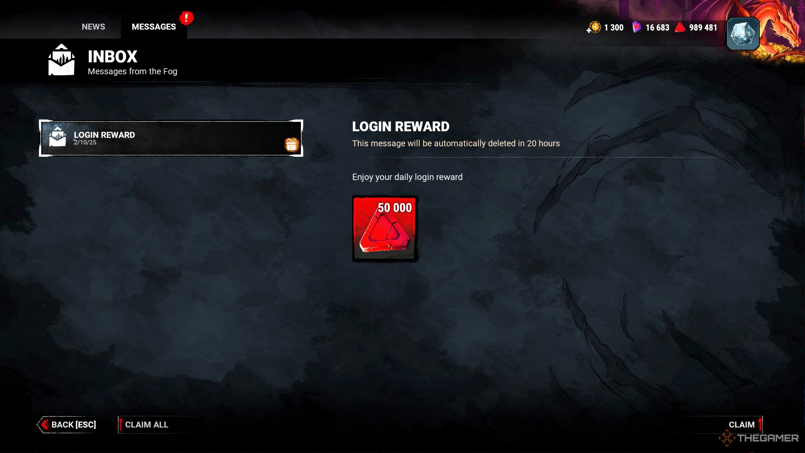 An in-game message showing Dead By Daylight's Resident Evil 2v8 Login Rewards.