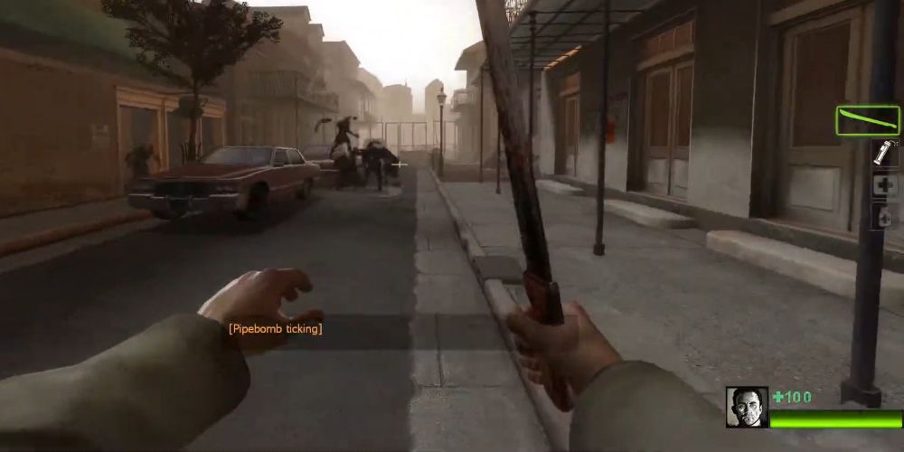 Left 4 Dead 2 Screenshot Of Pipe Bomb in Action, Nick, the player, wields a machete.