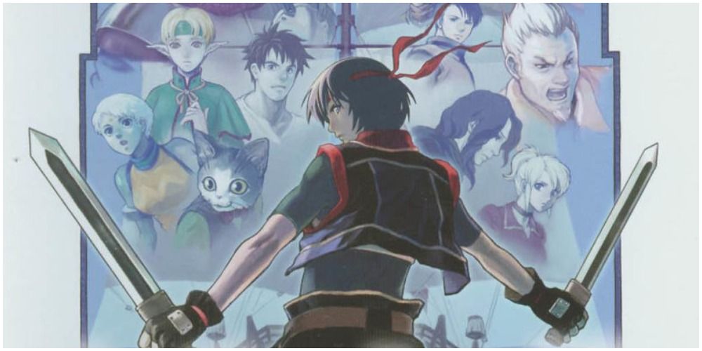 The hero of Suikoden 4 poses in front of a sail featuring many of the game's large cast of characters.