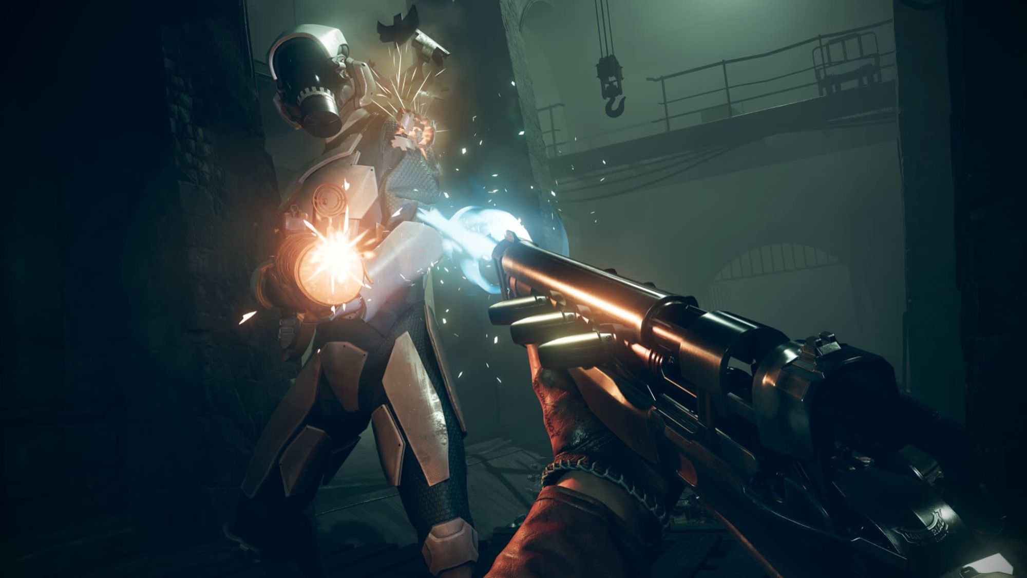 An enemy in Deathloop is hit by a shotgun. 