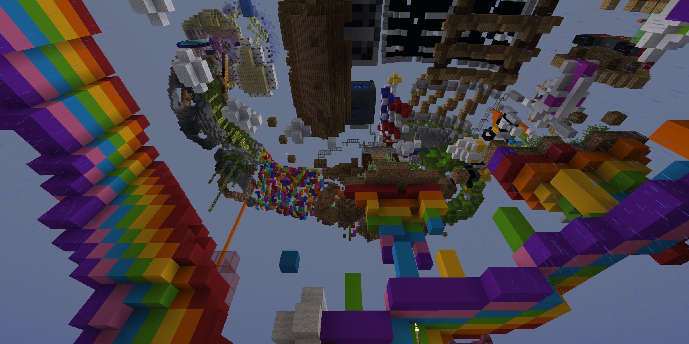 A Tornado Swept Bunch Of Random Platforms Including Things Such As A Rainbow In The Minecraft Map Tornado Parkour.