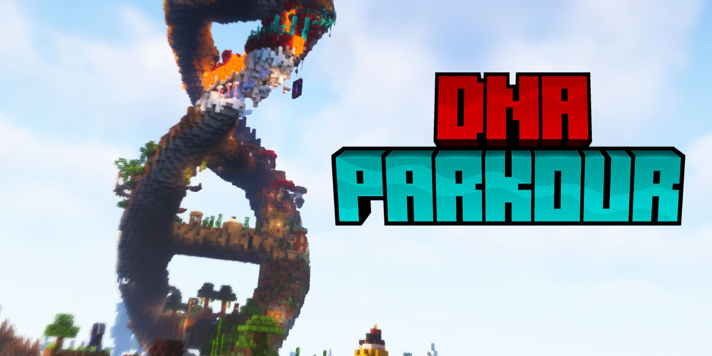 A DNA Strand Shaped Build With The Logo For DNA Parkour In Minecraft.