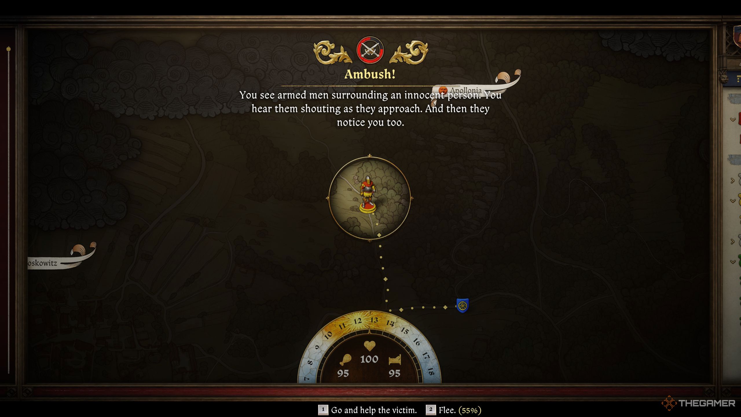 The game showing a prompt letting the player know there is an ambush on the way.