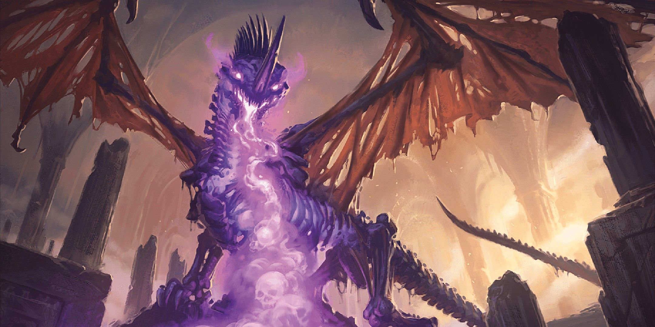 An image of a dracolich, a skeletal dragon breathing purple flames in Dungeons & Dragons.