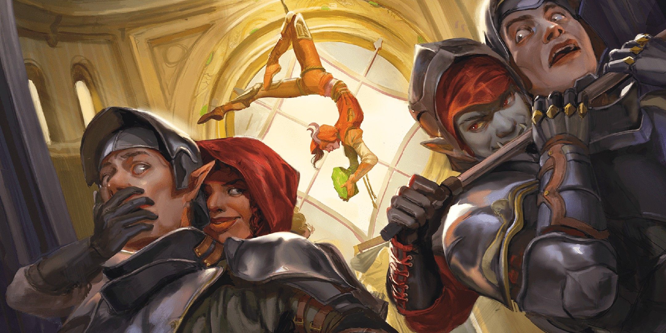 Dungeons & Dragons image showing two adventurers incapacitating some guards while a third steals a gem.