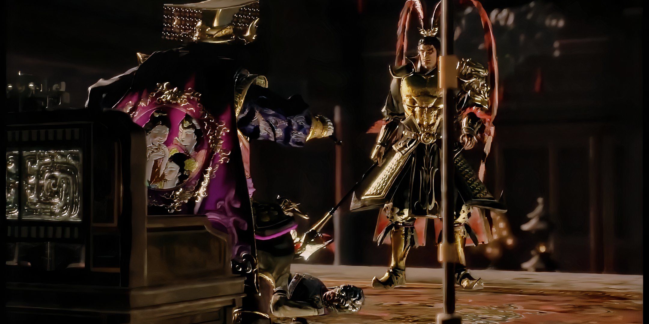Lu Bu Betraying Dong Zhuo as he sits on the throne.