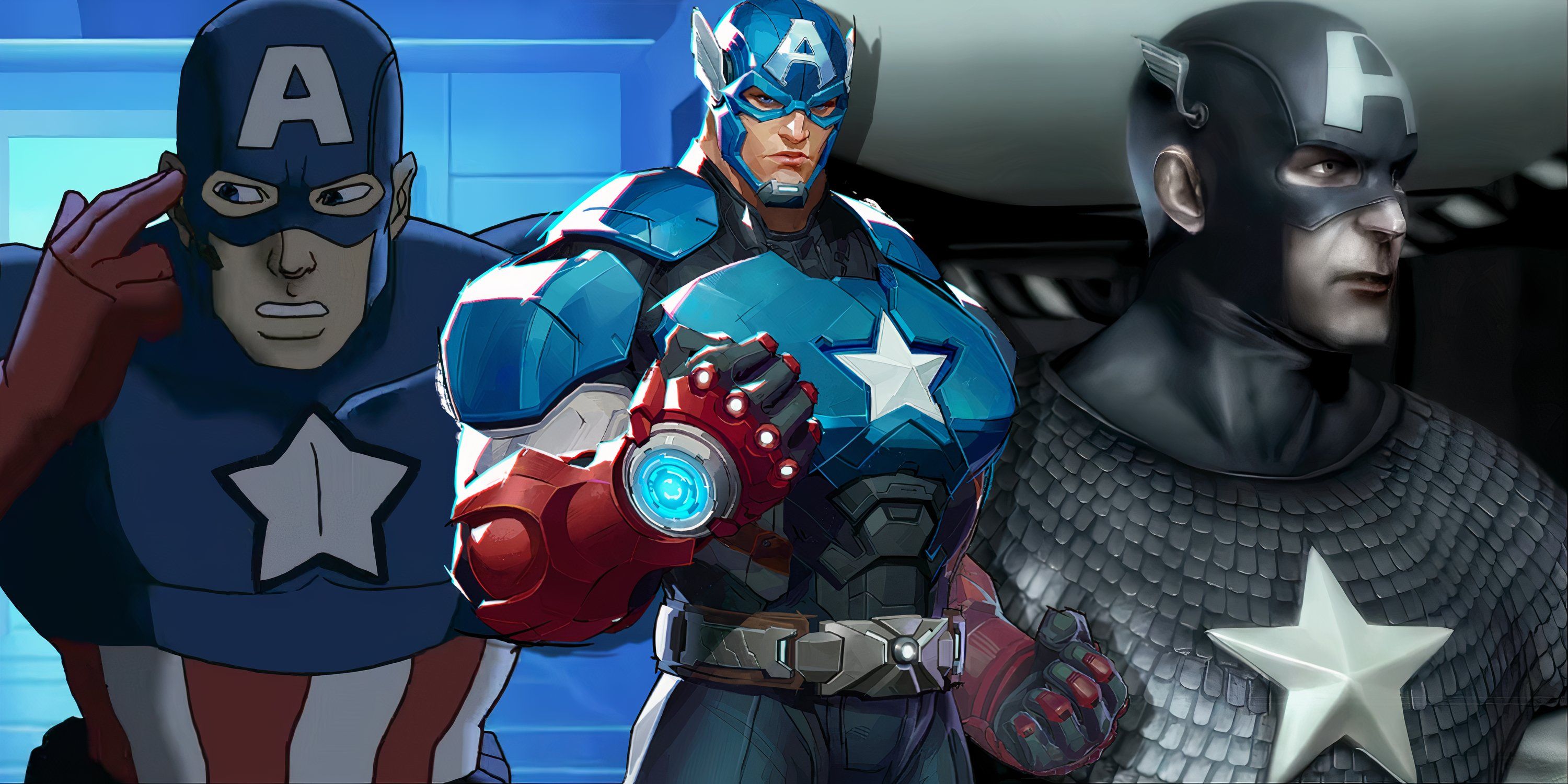 Split image of Captain America in Ultimate Avengers, Marvel Rivals, and Ultimate Alliance 2