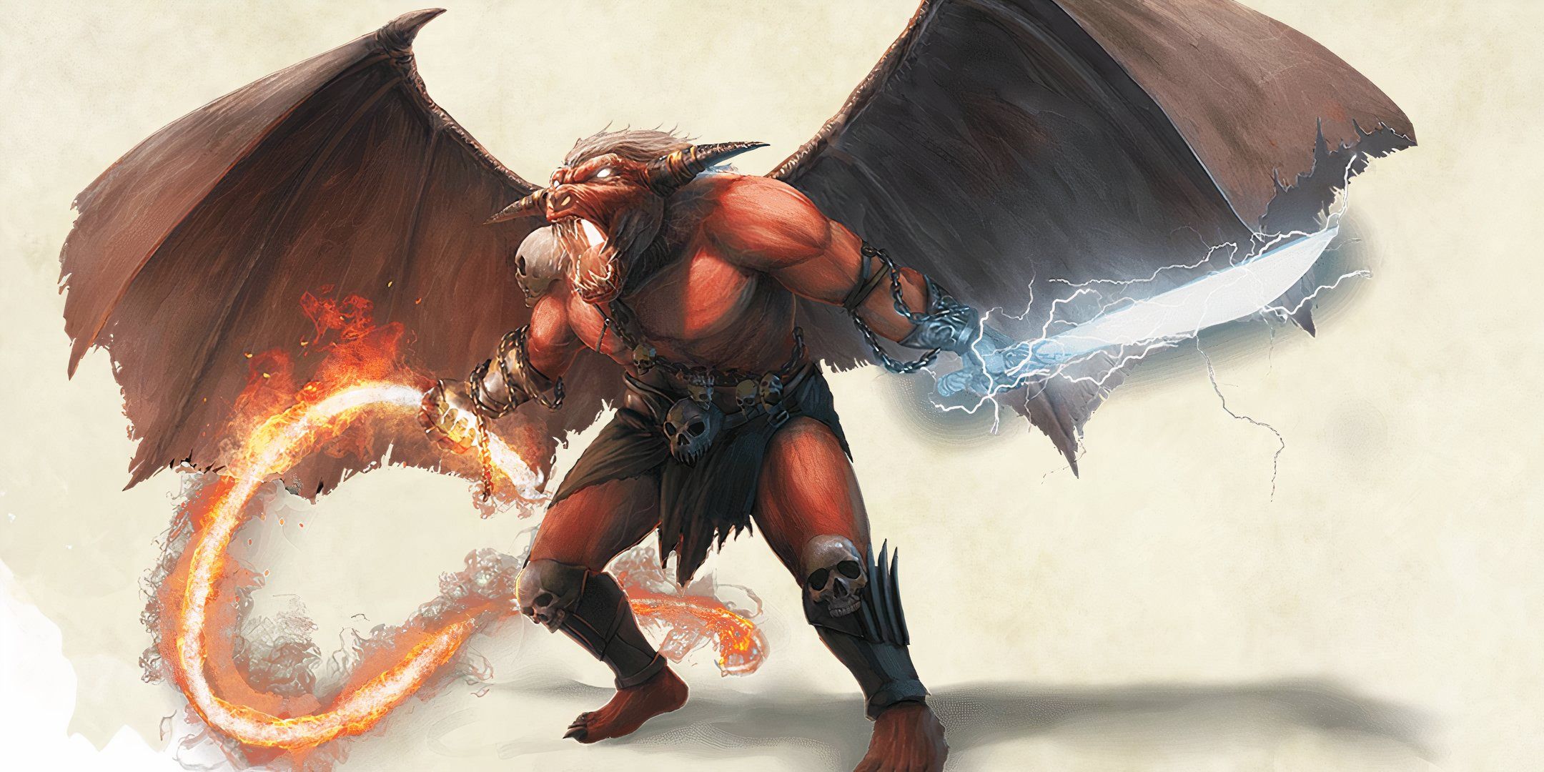 A red skinned devil creature holding a sparkling sword and flaming whip from Dungeons & Dragons.