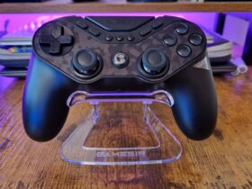 A GameSir Tarantula Pro review image of the gamepad on its stand