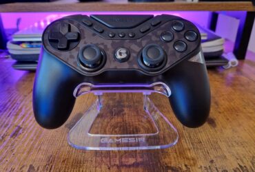 A GameSir Tarantula Pro review image of the gamepad on its stand