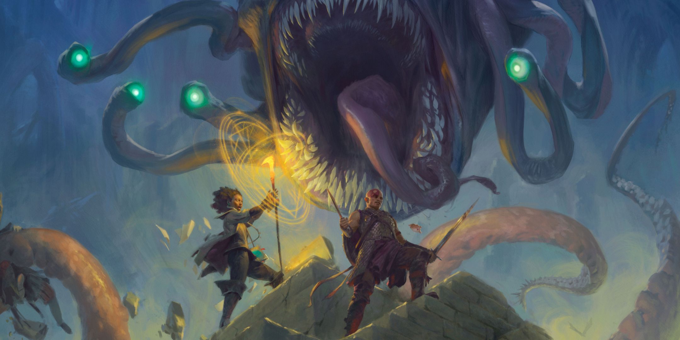 Dungeons & Dragons, Vajra Safahr and Minsc face down a Beholder by Tyler Jacobson.