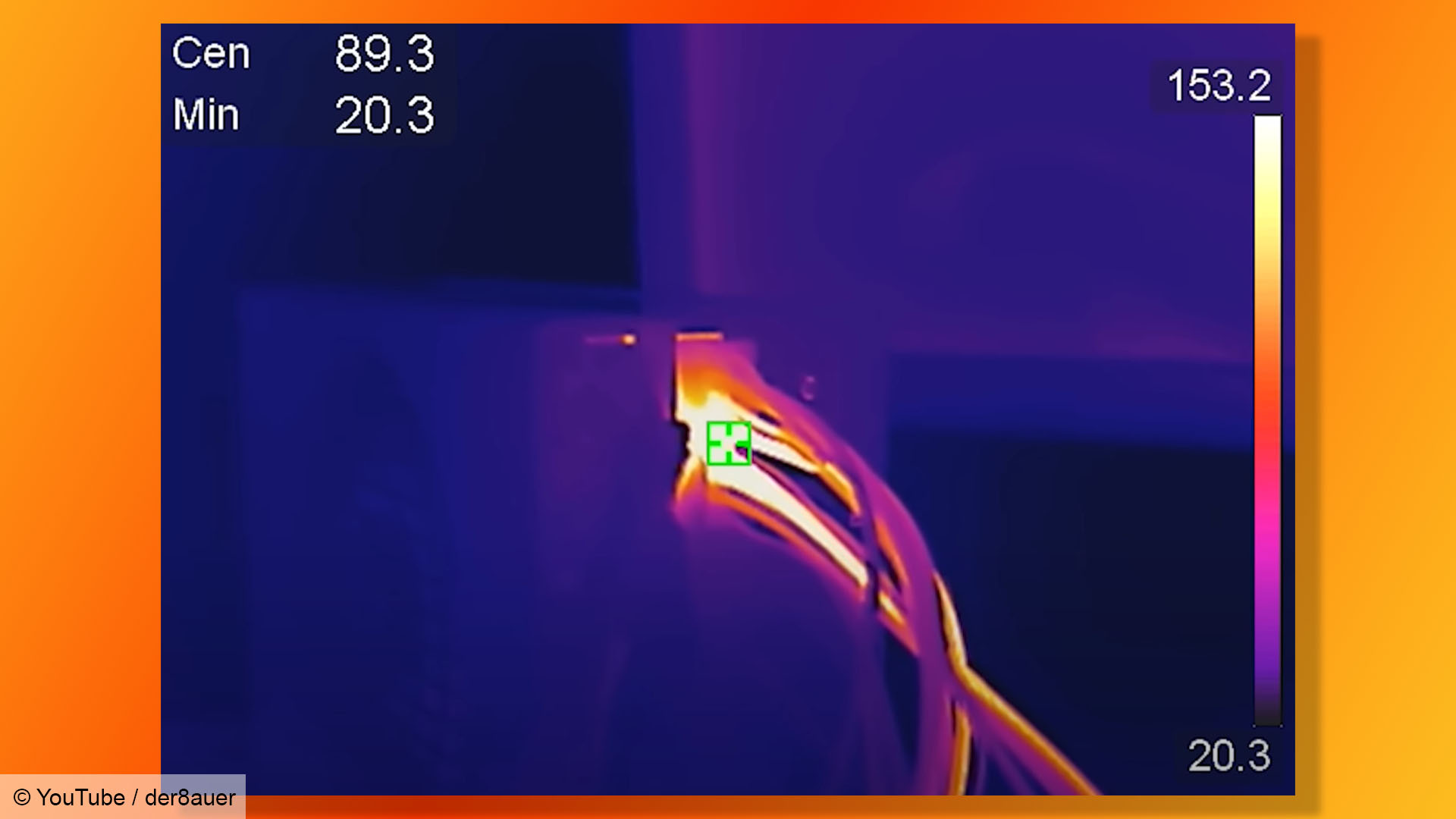 Nvidia GeForce RTX 5090 cable running hot in a thermal image, taken from der8auer YouTune video.