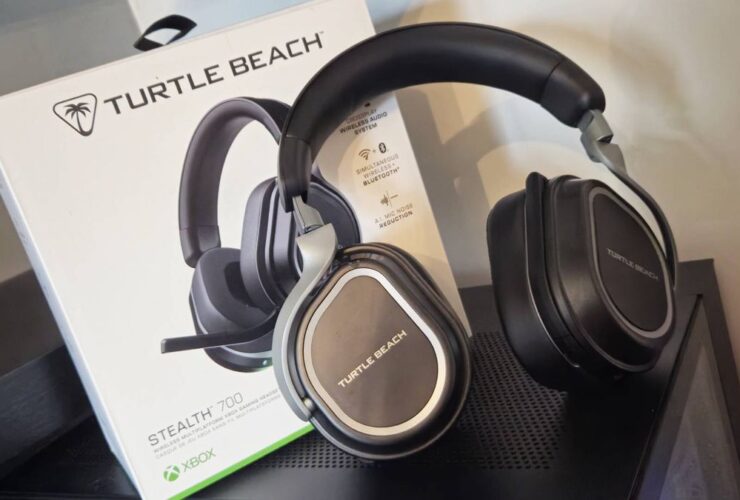 Photo taken by writer Rosalie Newcombe of the Turtle Beach Stealth 700 Gen 3 gaming headset sitting on top of a black PC tower with its box behind it.