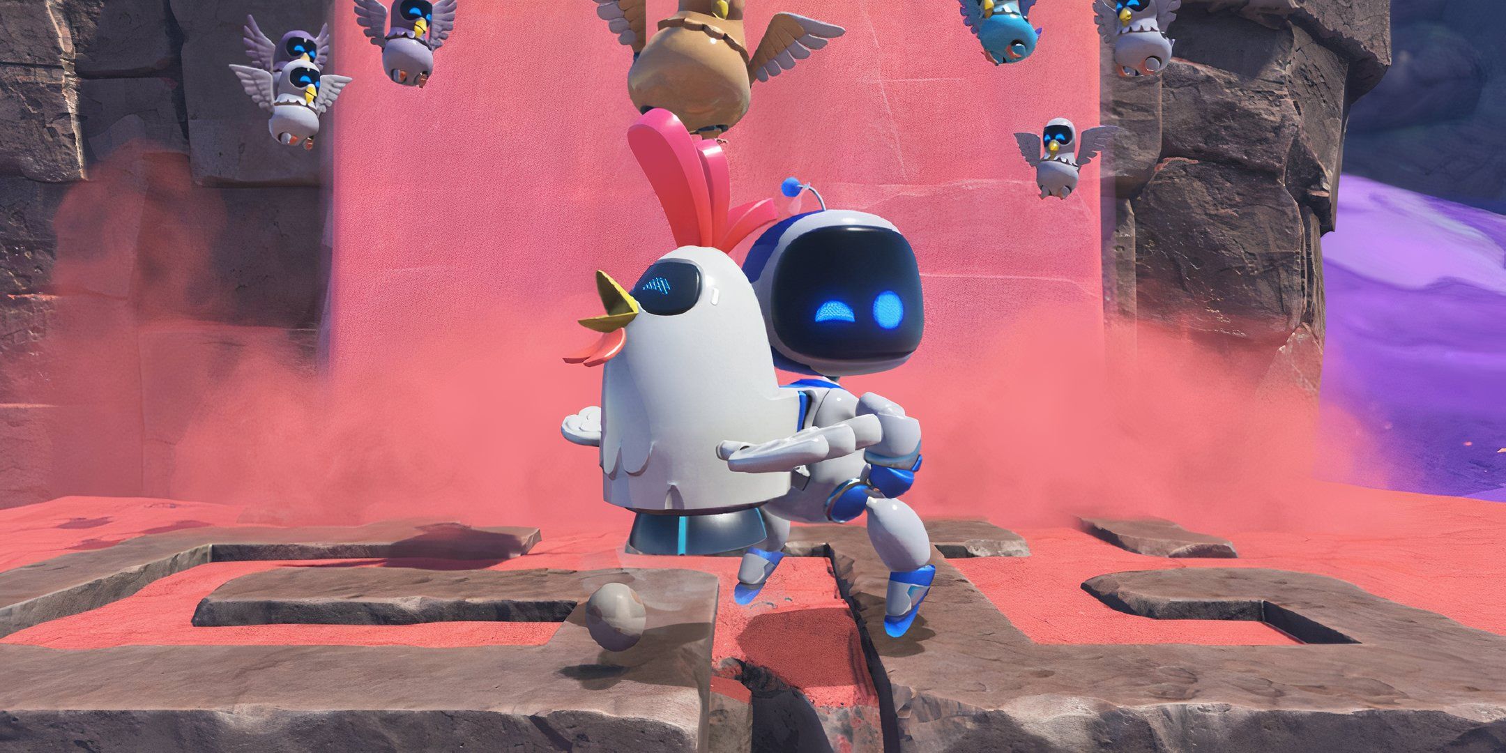 Astro Bot winking at camera as he equips chicken jump ability.