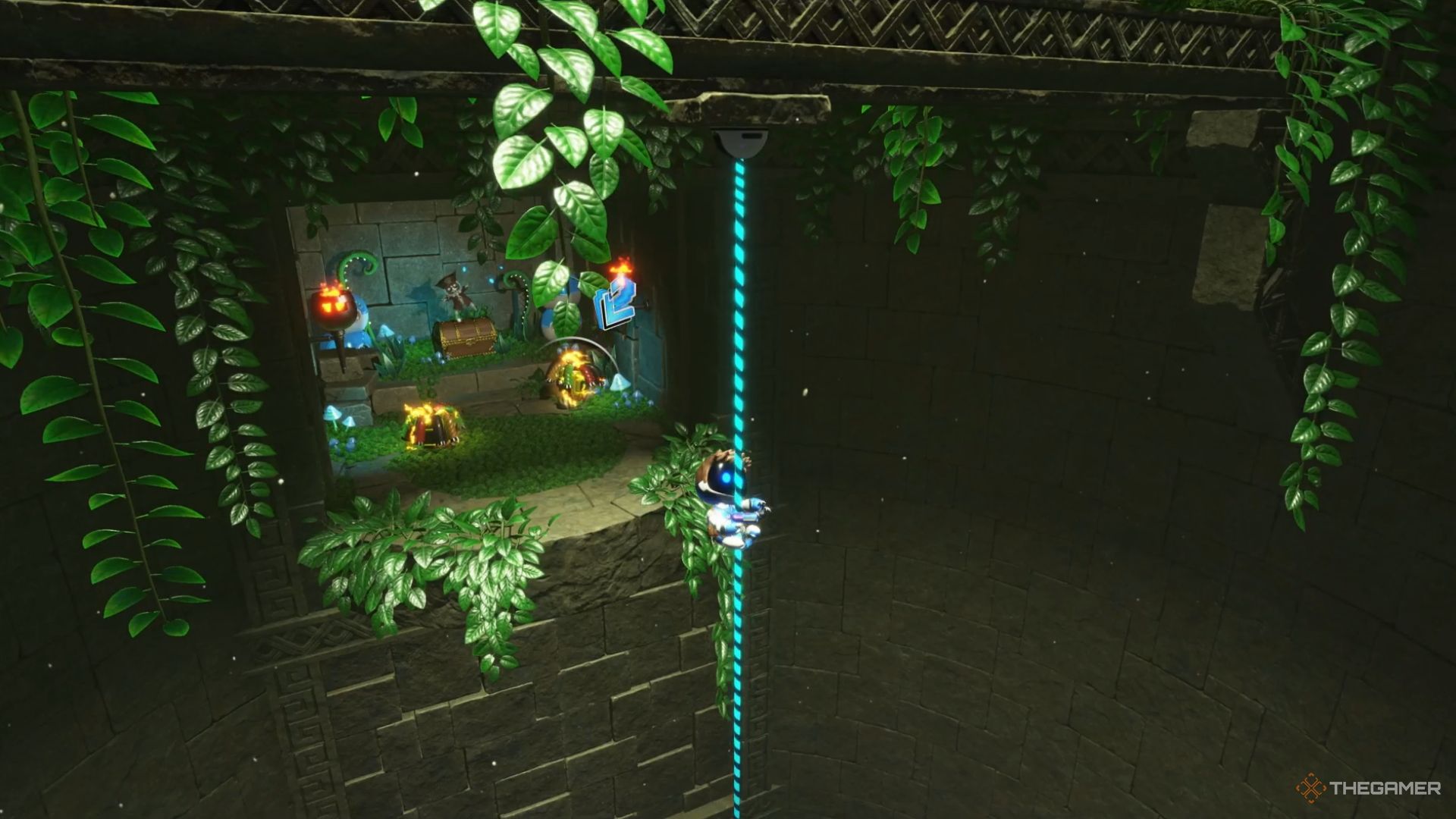 Astro Bot. Dude Raiding. Climbing up the rope, the skeleton bot can be seen in the background.