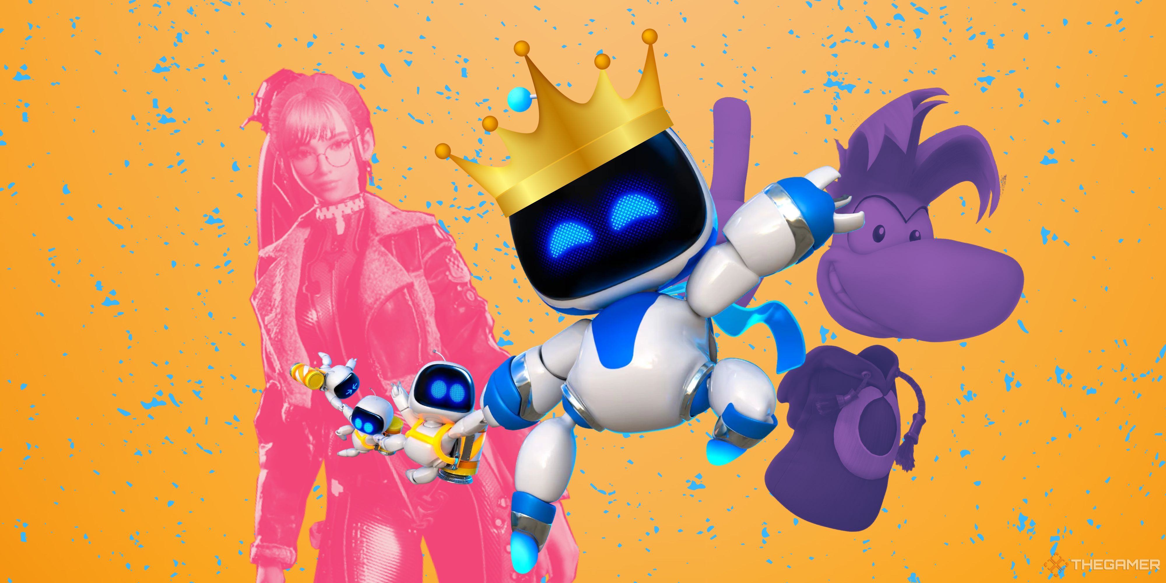 Astro Bot wearing a crown in front of Eve and Rayman