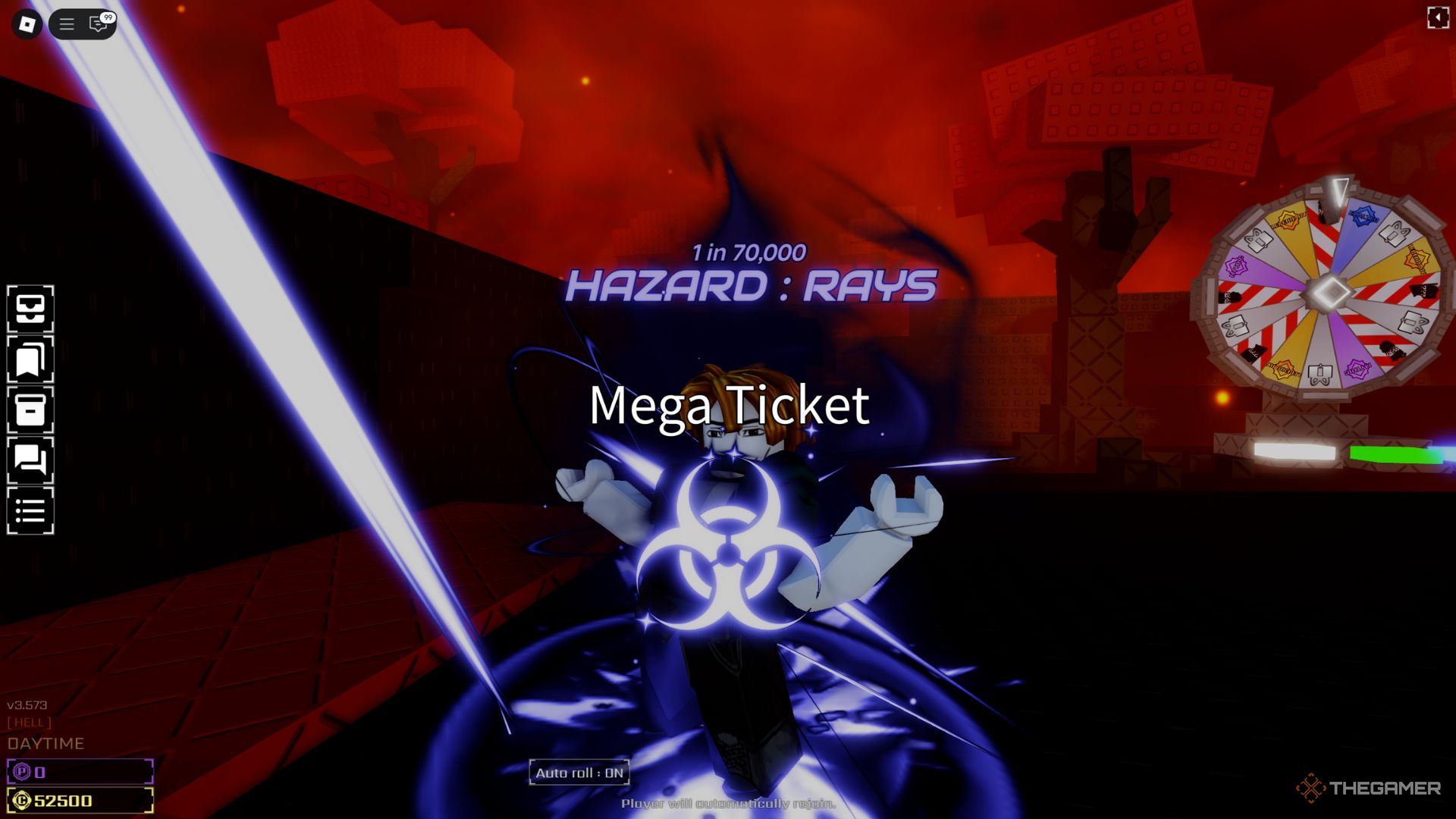 The player character rolls Mega Ticket in the hell biome in Sol's RNG.