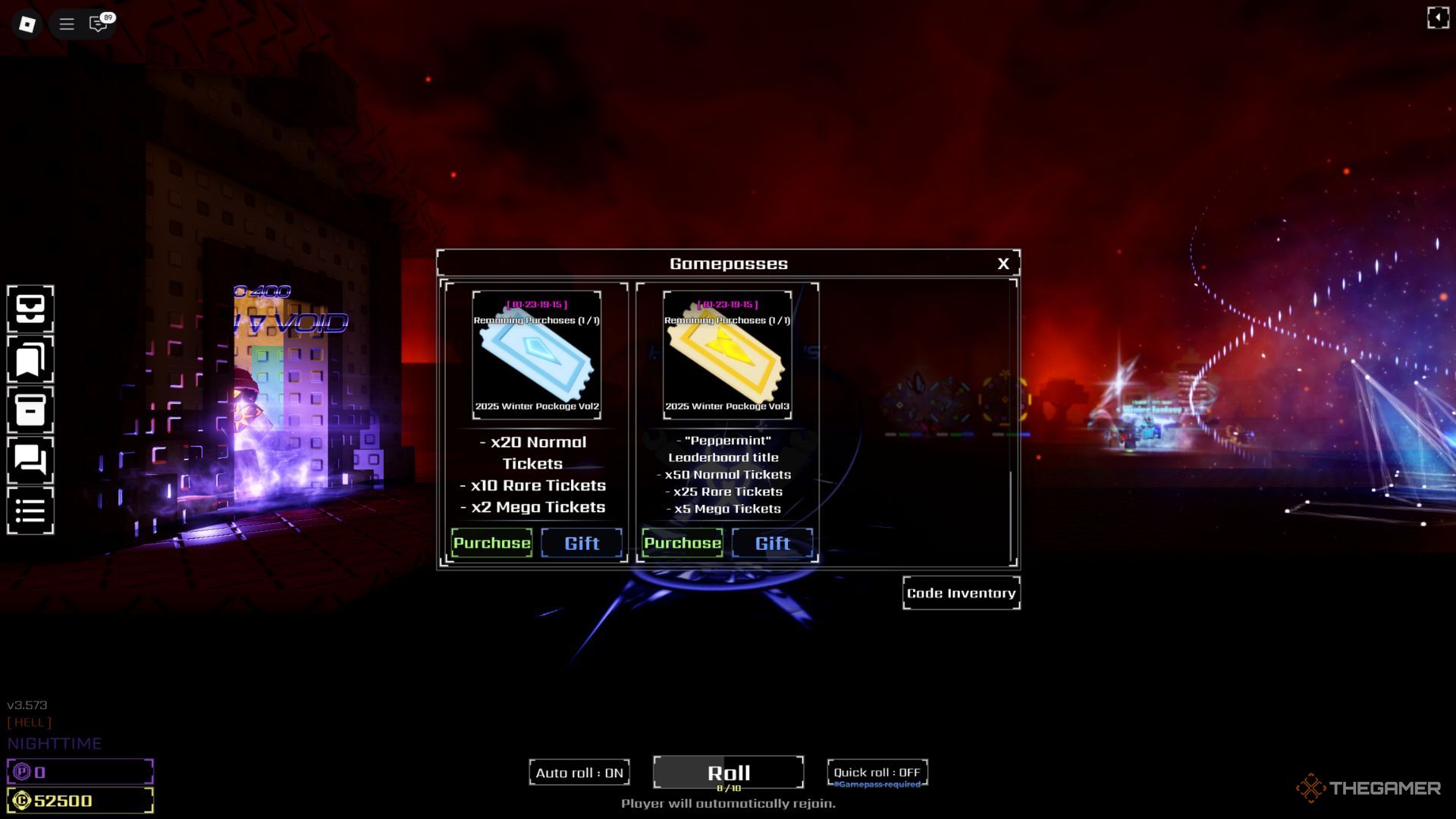 The player character shows Winter Packages in the in-game store in Sol's RNG.