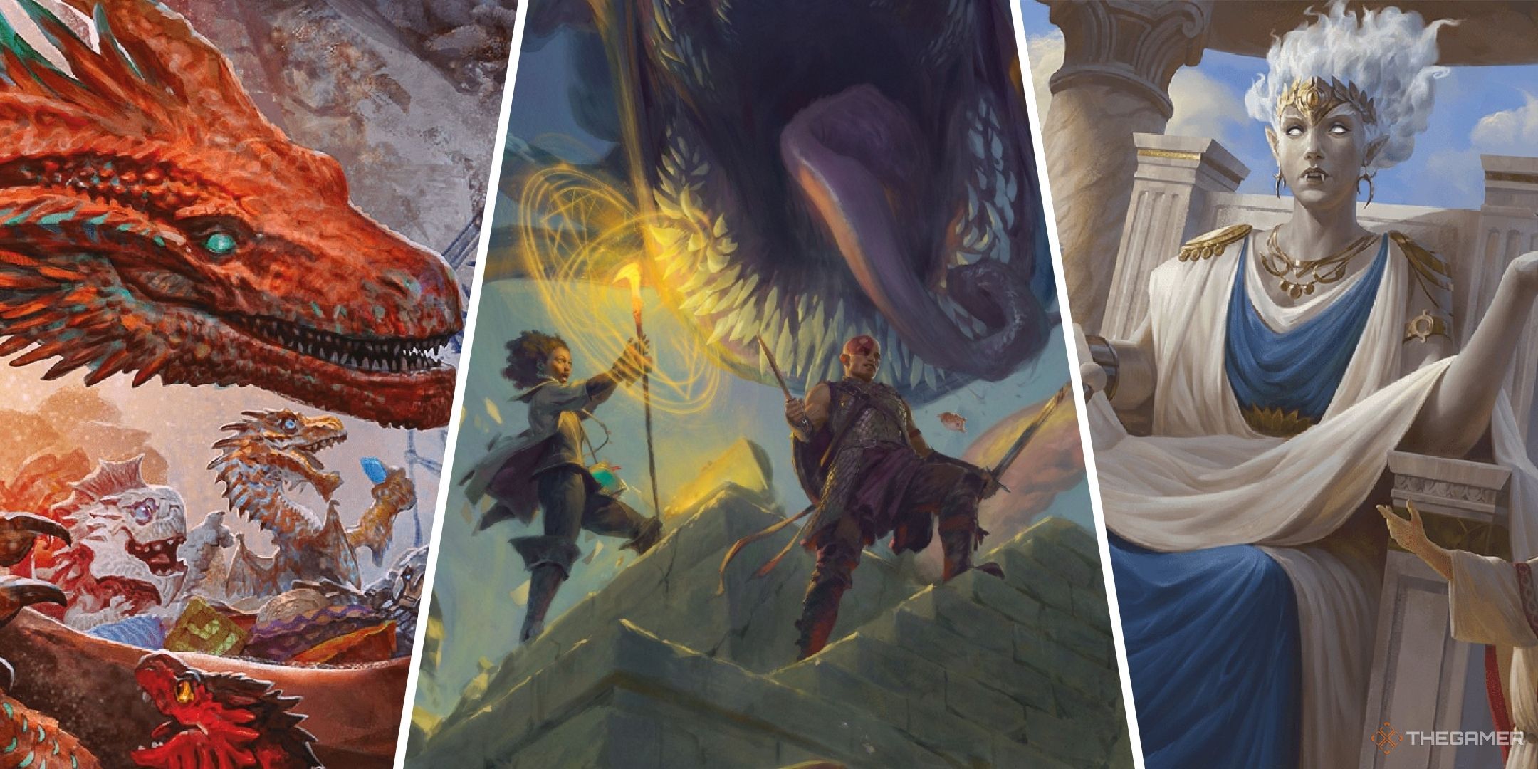 Dungeons & Dragons image showing an ancient dragon with dragon wyrmlings, adventurers against a beholder, and a cloud giant.