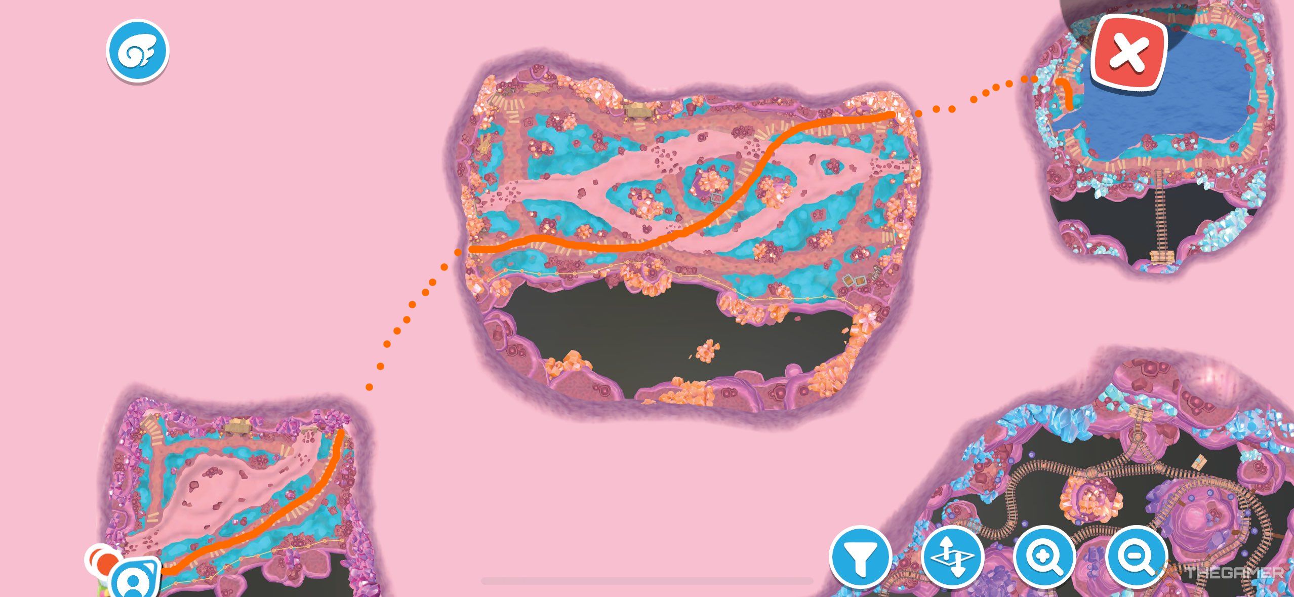 A map of the Crystal Caves showing the path to the water marked in Hello Kitty Island Adventure.