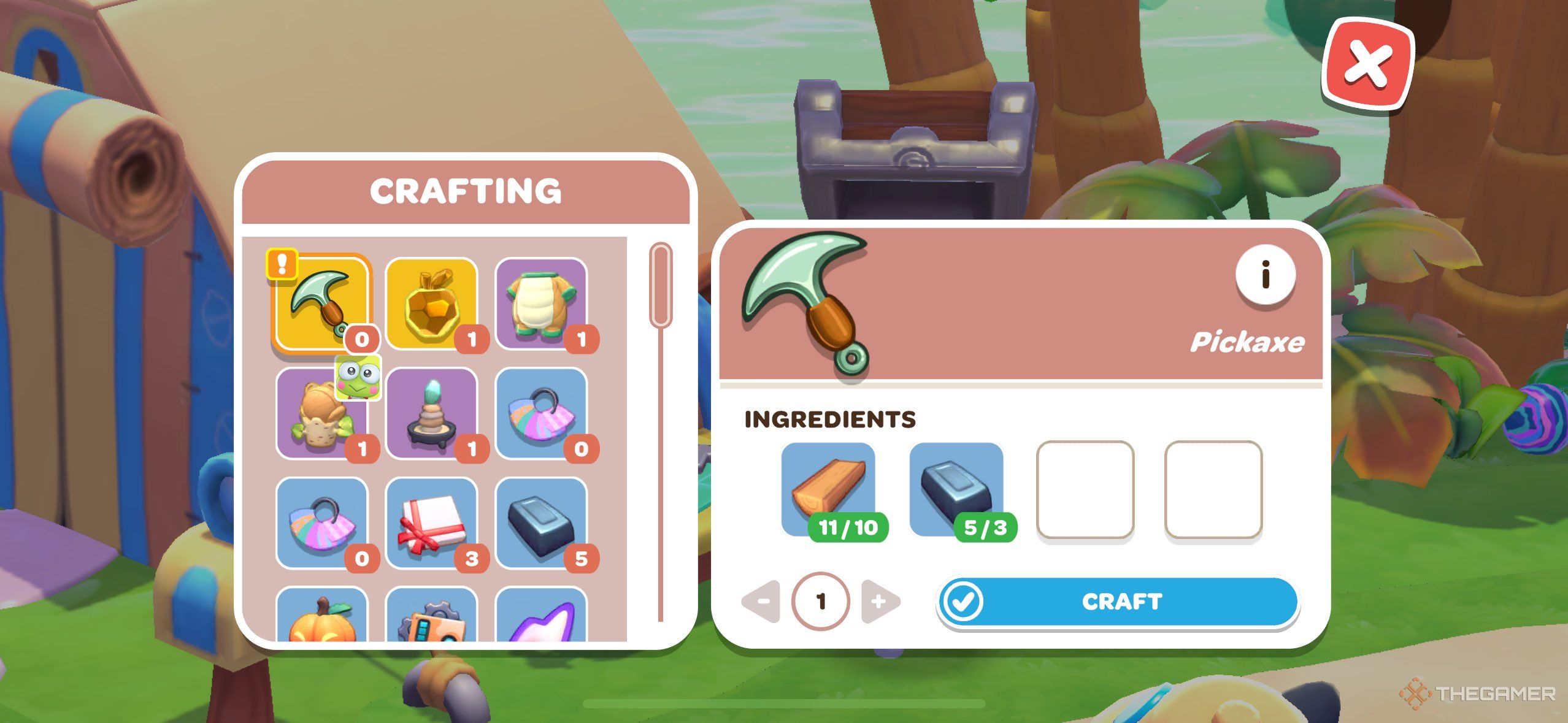 A player looking at the bluepring to make the pickaxe in Hello Kitty Island Adventure.