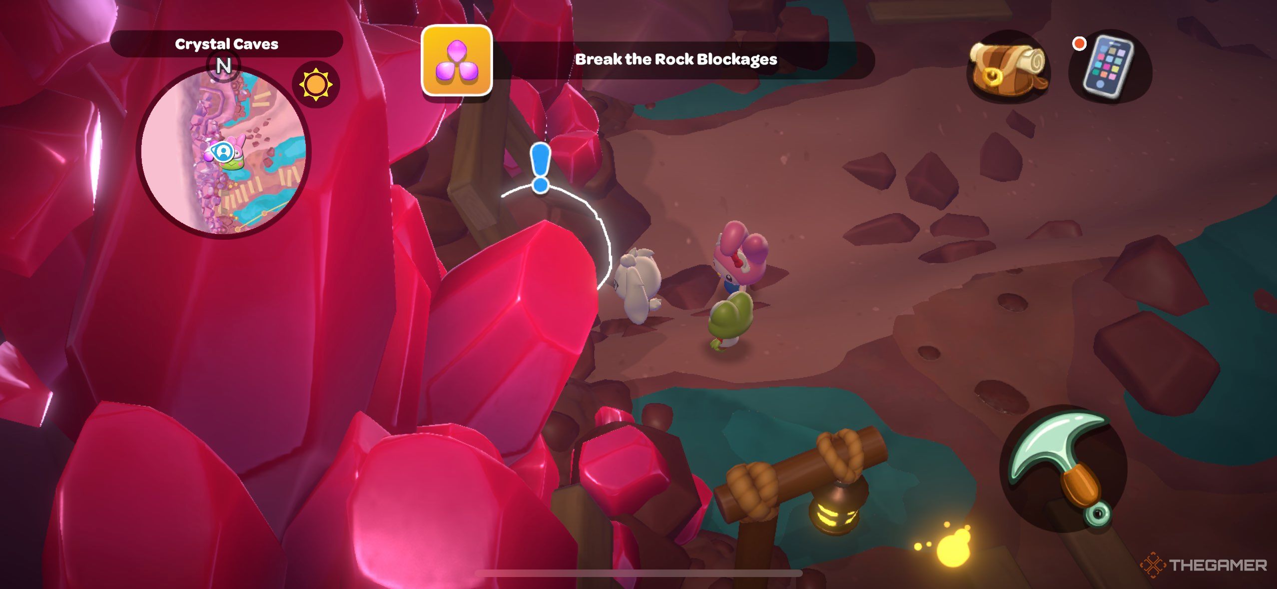 A player using the pickaxe to break boulders in Hello Kitty Island Adventure.