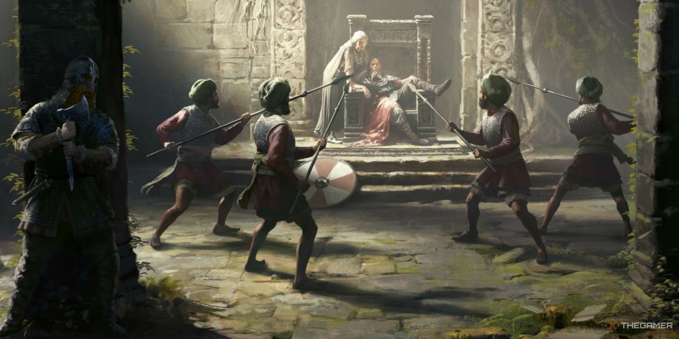 a viking noble reclines on his throne while under attack by spearmen as a guard prepares to ambush the intruders in loading screen art for crusader kings 3.