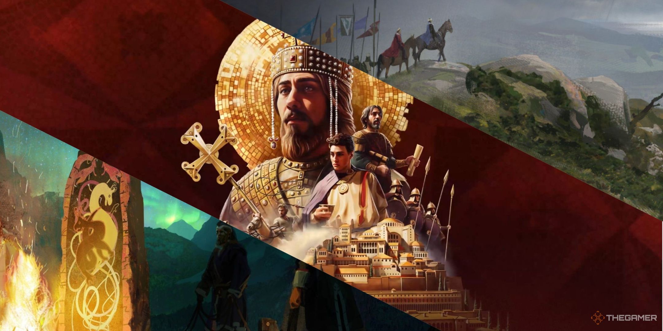 artwork of a standing stone, the key art for the roads of power dlc, and characters on horses on a hill, all in crusader kings 3 left to right.