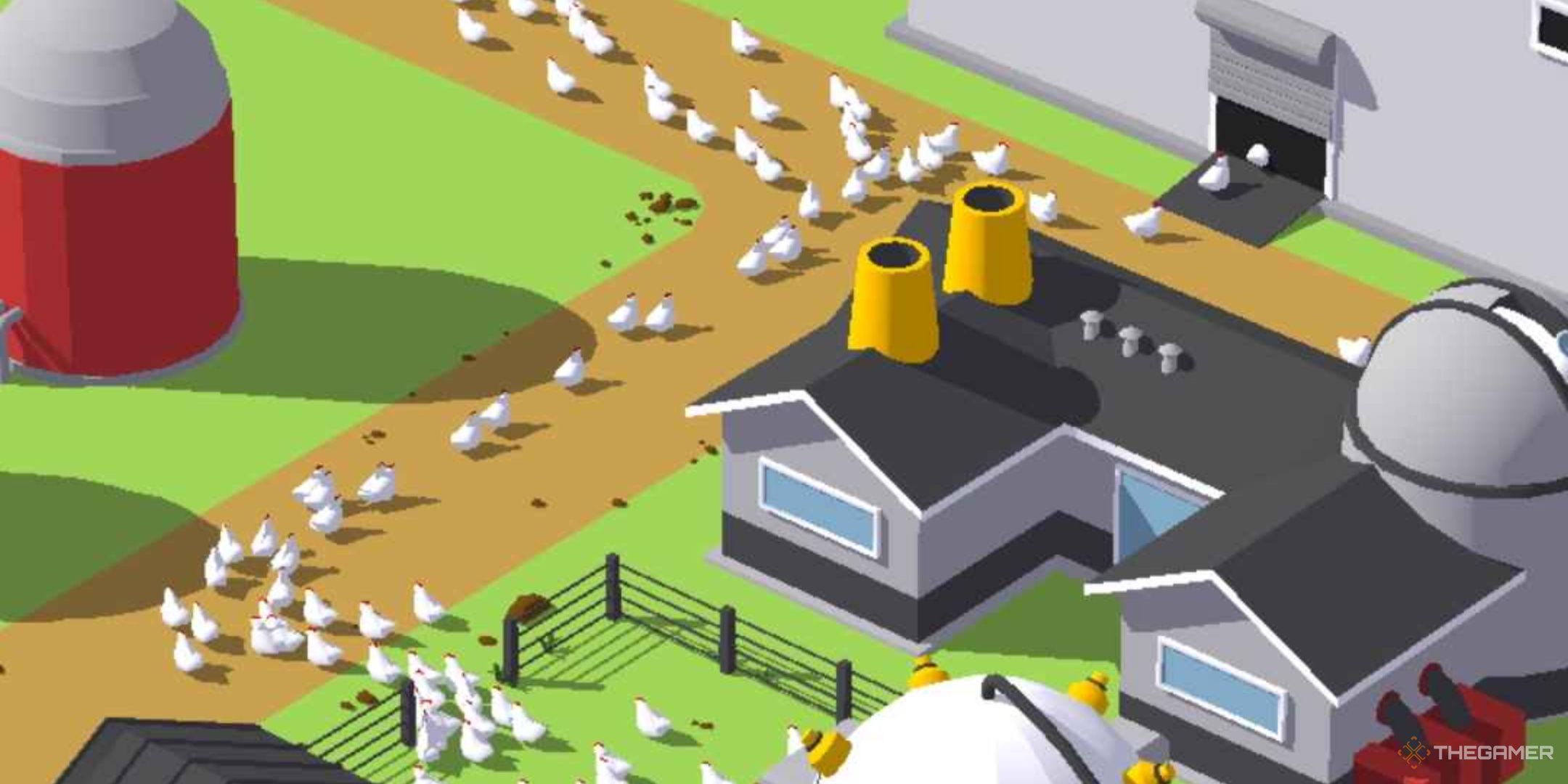 Egg Inc, dozens of chickens running toward the coop.