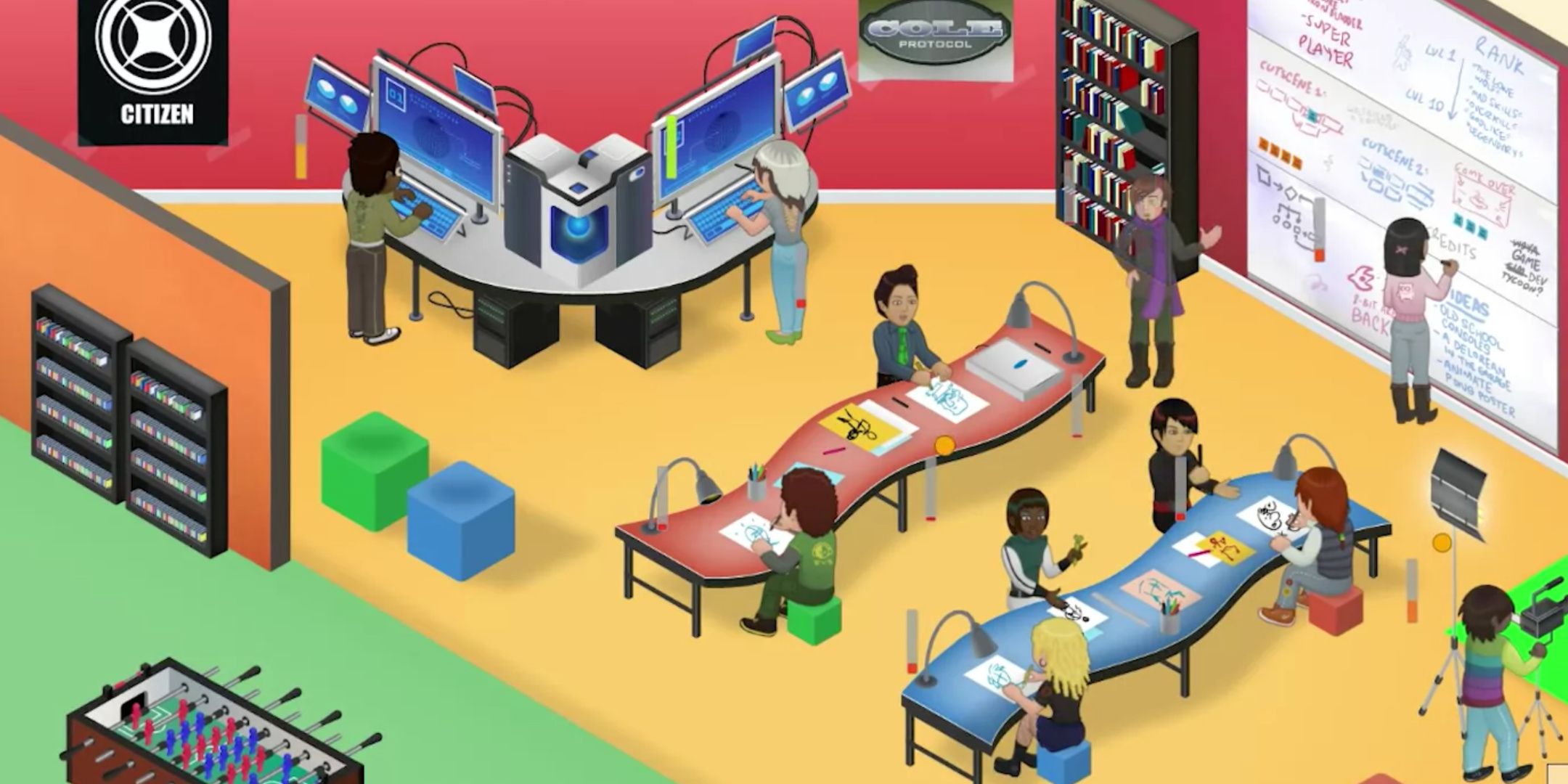 Game Dev Tycoon illustration desks in game.