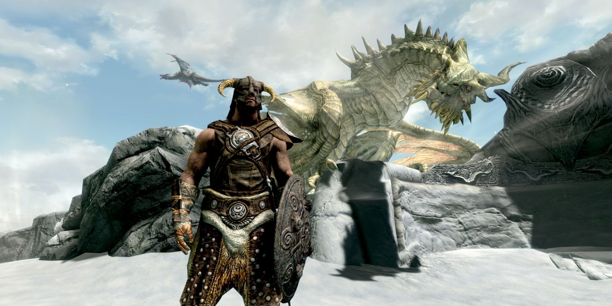 The Dragonborn And Paarthurnax stand side by side in The Elder Scrolls V: Skyrim.