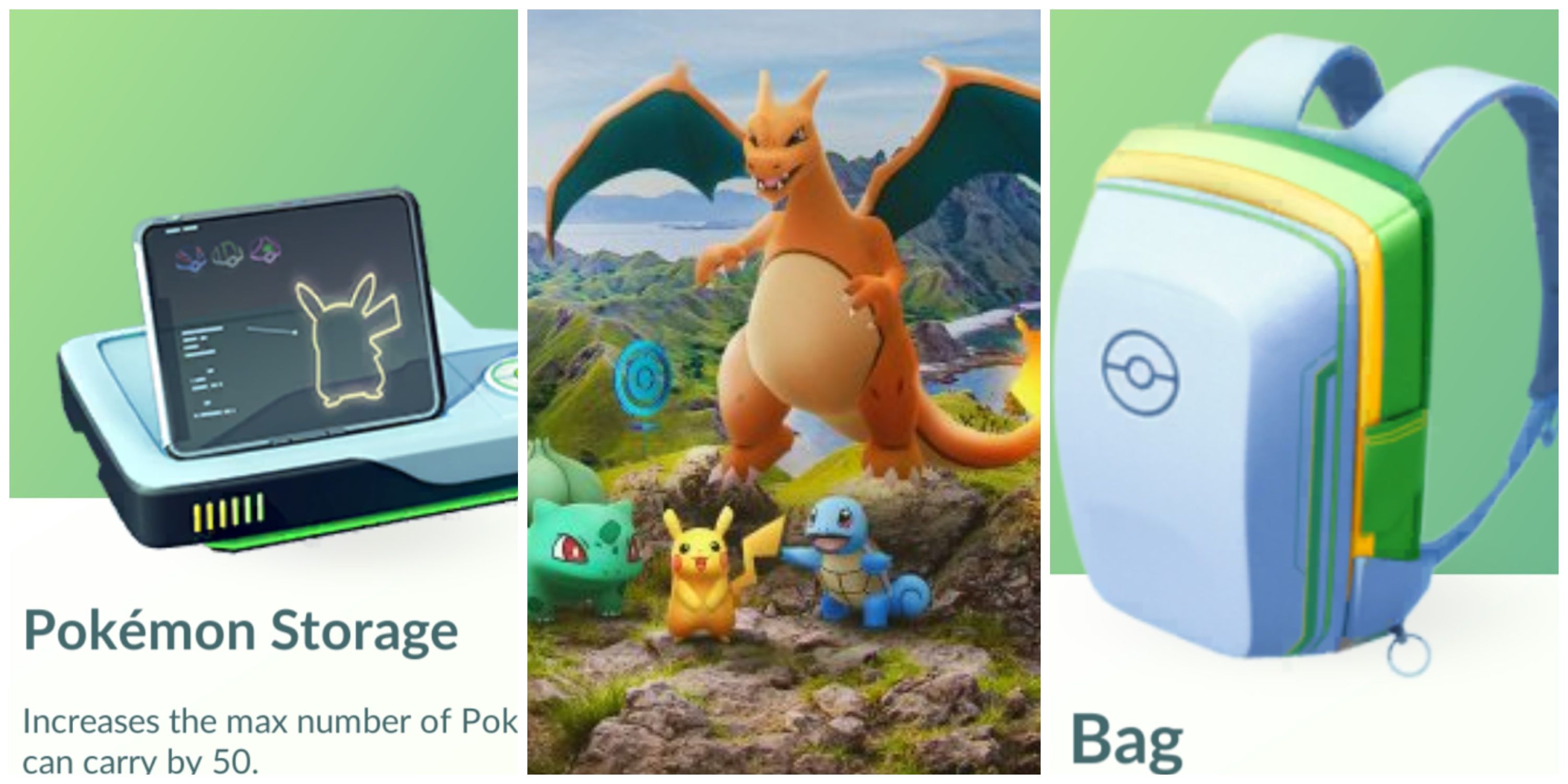 charizard and original pokemon starters, pokemon storage and pokemon bag upgrades from pokemon go