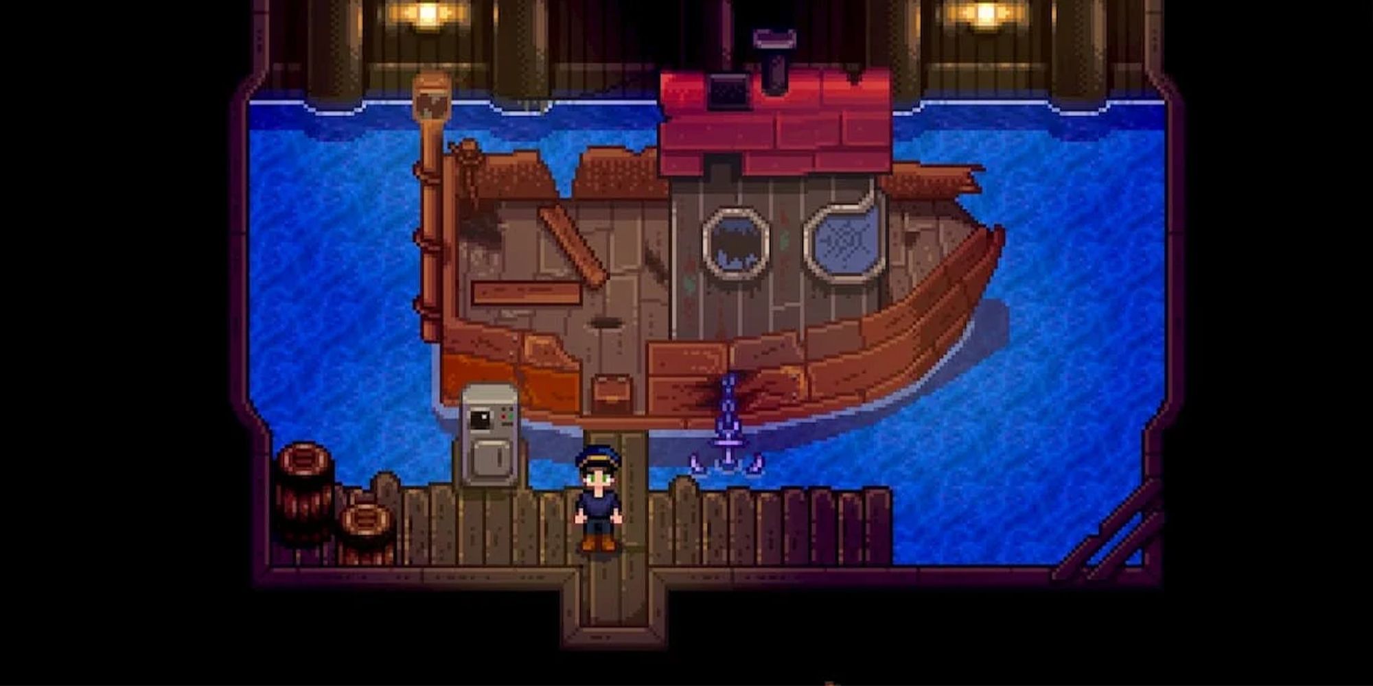 A player standing near boat to ginger island before repairs in Stardew Valley.