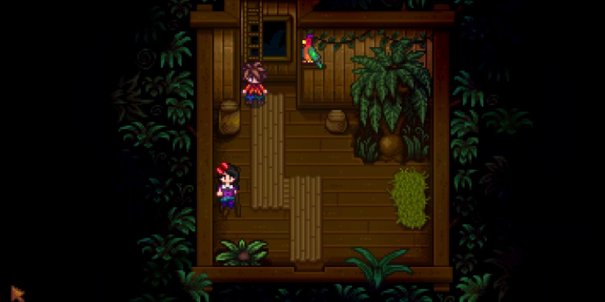 A player inside leos hut next to leo and parrot in Stardew Valley.