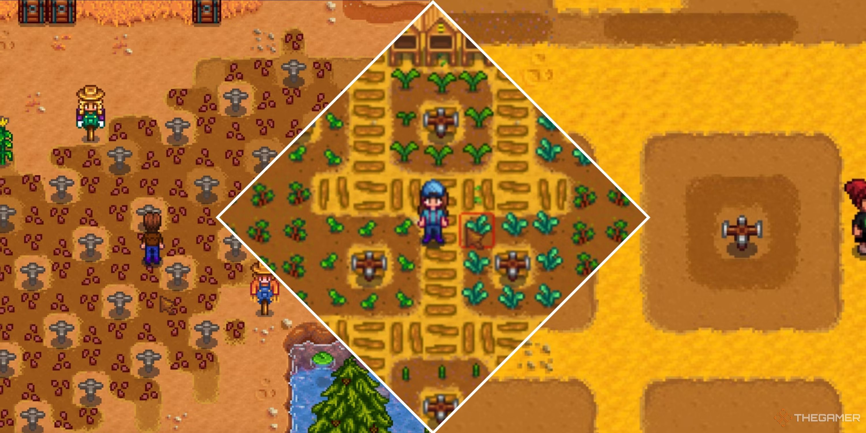 Collage image featuring many different sprinkler types and layouts from Stardew Valey