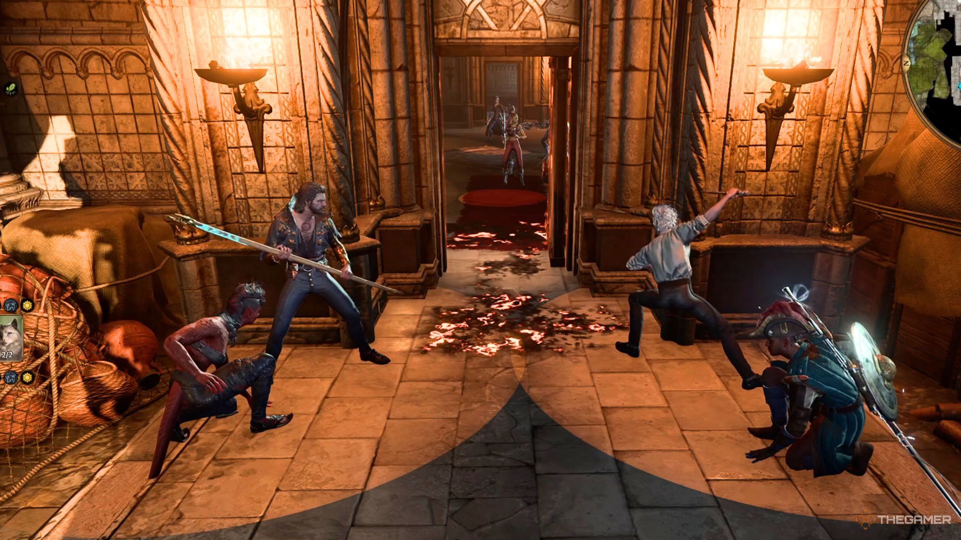 Karlach, Gale, Astarion, and Wyll preparing an attack by the door in Baldur's Gate 3.