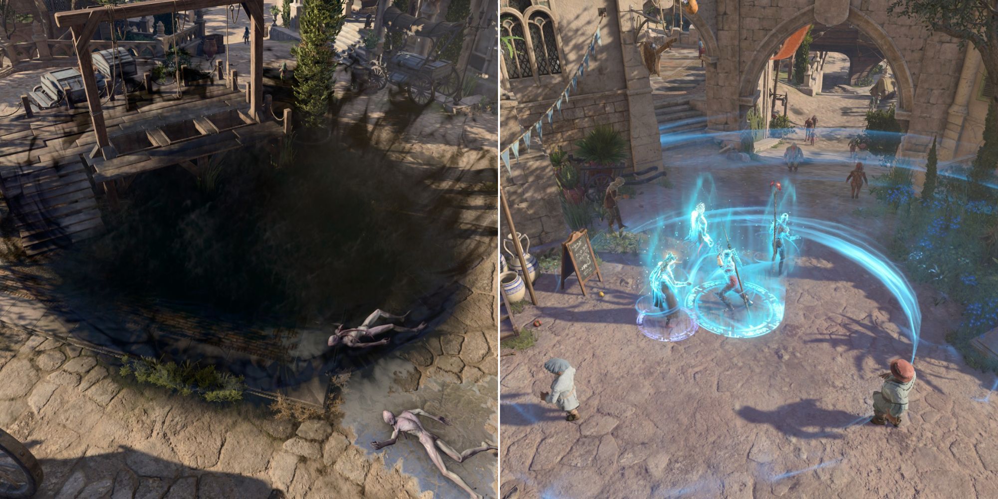 Baldur's Gate 3 Split image of Hunger of Hadar and Mass Healing Word being cast